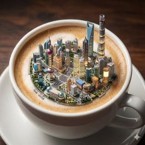 Micro City Floating on Coffee Foam