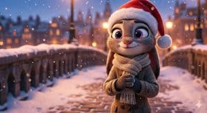 Cinematic Scene of Judy Hopps on a Snowy Bridge